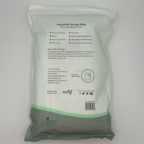 Motif Medical Breastmilk Storage Bags 100 Count 8oz BPA Free Freezer Safe NEW - Picture 6 of 9